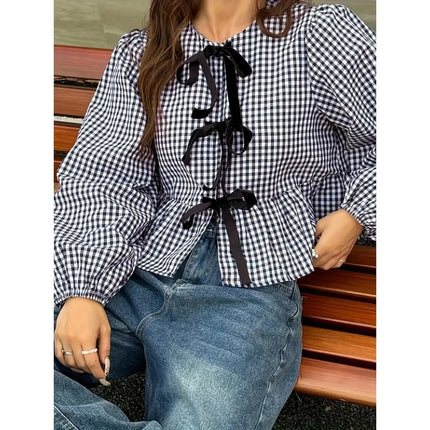 2025 Plus Size Black White Plaid Shirt: Bow Long Sleeve Blouse with Elegant & Breathable Fabric for Office Casual Chic Style