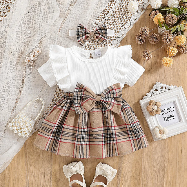 Baby Girl Summer Fashion Cute Casual Round Neck Ruffle Lace Trim Short Sleeve Empire Waist Large Bow Plaid Splicing Design
