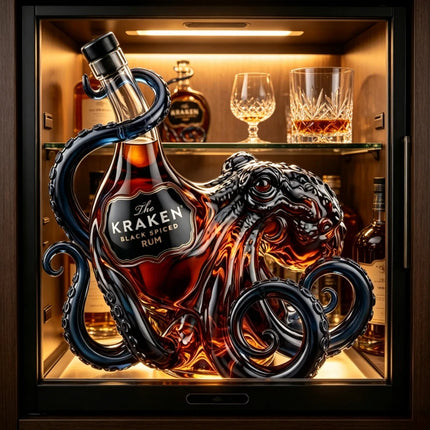 Unique Kraken Octopus Glass Liquor Bottle, Clear Rum Decanter, Decorative Barware & Home Display Piece for Spirits