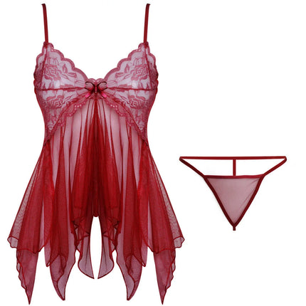 Women Lace Babydoll Lingerie Set Spaghetti Strap Sheer Nightwear Irregular Hem With Panties Sheer Floral Erotic Hot Sexy Costume