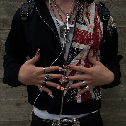 Winter Punk Style Distressed Union Hoodie women Fashion Retro Grunge Zip-up Sweatshirt Streetwear Oversized Hooded 2025 New