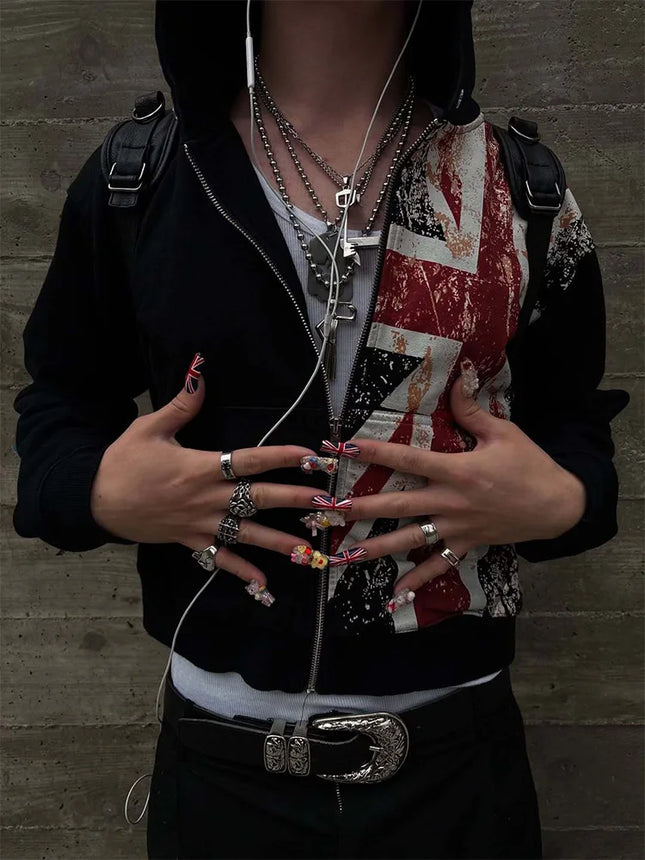 Winter Punk Style Distressed Union Hoodie women Fashion Retro Grunge Zip-up Sweatshirt Streetwear Oversized Hooded 2025 New