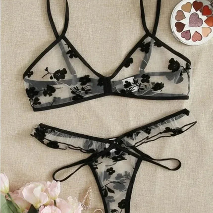 2024 Summer Women Lace Bra Set See-Through Sexy Lingerie Thin Strap Underwear Suit Floral Print Stylish Bralettes Корсет Женский