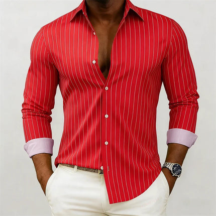 New men's striped shirt, outdoor street style, business casual, lapel collar, long sleeves, versatile and fashionable men's top.