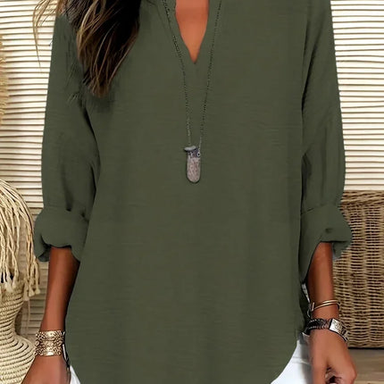 Plus Size 2025 New Casual Tops Women's Loose Long Sleeve Stand Collar T-shirts Polyester Fashion Female Apparel V-neck Clothing