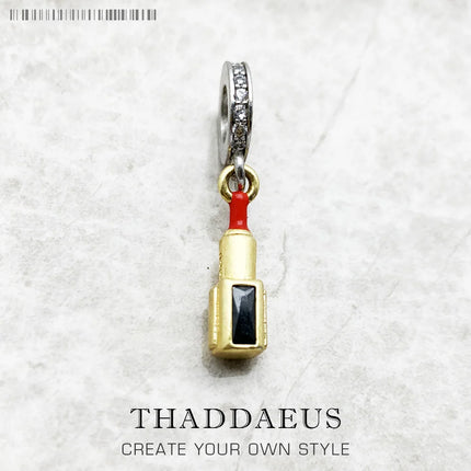 Red Lipstick Golden Pendant Solid 925 Sterling Silver Dangle Charm Women Fine Jewelry