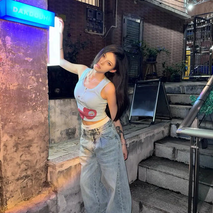 Blue Cherry Print Crop Top Women's Summer Slim Fit High Street Short Zipper Trendy Strap Vest Sweet Style 8-24 Years Old