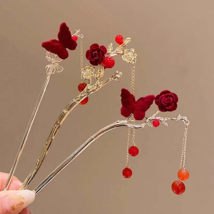 Rose Flower Hair Stick Tassel Hairpin Chinese Wedding Accessories Hairpin Hair Stick Female Hair Ornament Styling Tools