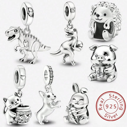 925 Sterling Silver Hedgehog Dinosaur Animal Series Spot Dog Charms Beads Fit Original Pan Bracelet High Quality DIY Jewelry
