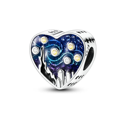 Charm Bead 925 Sterling Silver Heart Starry Sky Family Mother-Daughter-Sister Charm Fit Bracelets Pendant Women DIY Jewelry Gift