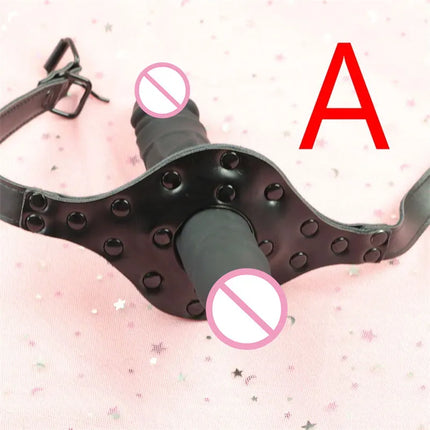 Strap-On Dildo Gag Silicone Mouth Couple Games Bondage Adjustable Double Dildo