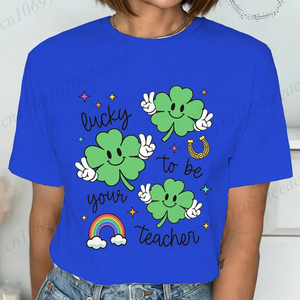St Patrick's Day Teacher Shirt, Lucky Teacher Women's T-Shirts，Retro T-Shirts，unisex Tops Tees,short Sleeve Women's Clothing