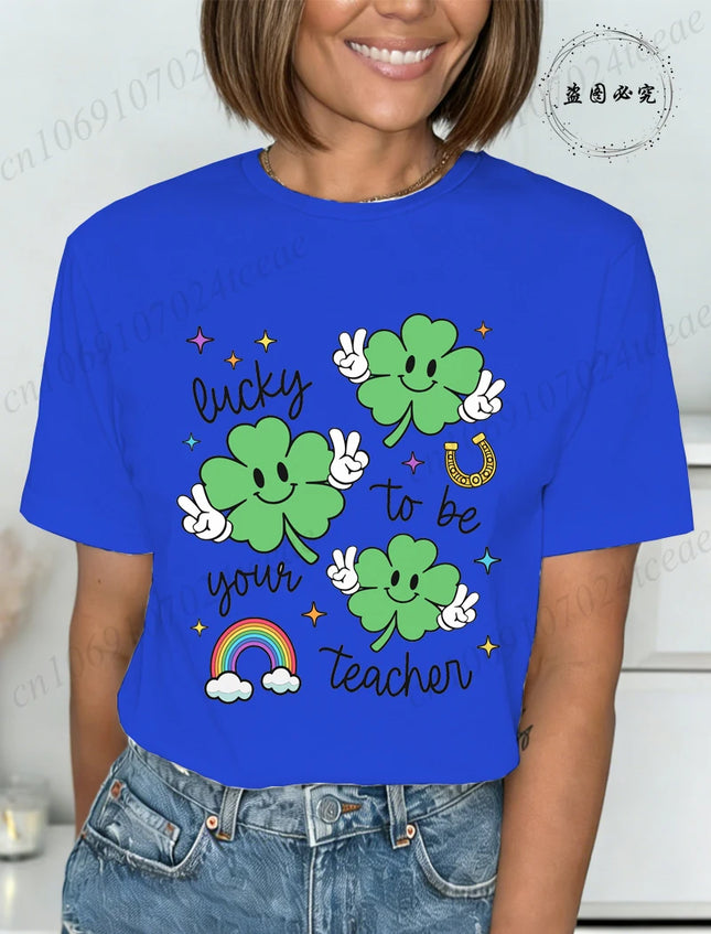 St Patrick's Day Teacher Shirt, Lucky Teacher Women's T-Shirts，Retro T-Shirts，unisex Tops Tees,short Sleeve Women's Clothing