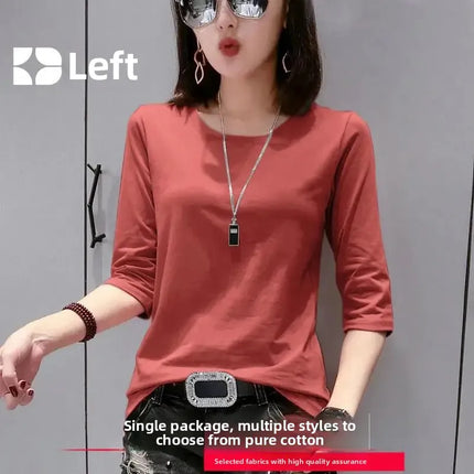 High-End Pure Cotton T-Shirt Women's Summer 3/4 Sleeve 2025 New Korean Style Fashionable Simple Slimming Top Body Shirt