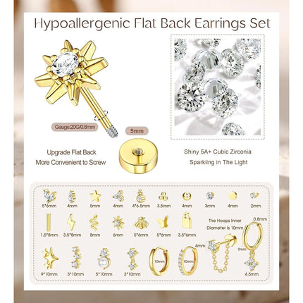 Bobisty 1pc Earrings Surgical Stainless Steel Earrings for Women Dainty Flat Back Earring Stud Hoop Cartilage for Sensitive Ears