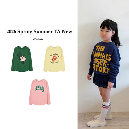 2026 Spring Summer Children's Clothing Girls' Versatile and Cute T-shirt Cartoon Printed Round Neck Letter Long Sleeved Shirt