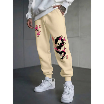 Japanese-Style Dragon And Cherry Blossom Print Autumn And Winter Men'S Fleece-Lined Casual Pants