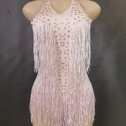 Sparkly Rhinestones Fringe Bodysuit Women Nightclub Party Dance Costume Stage Wear Sexy Tassel Leotard Performance Clothing 7G