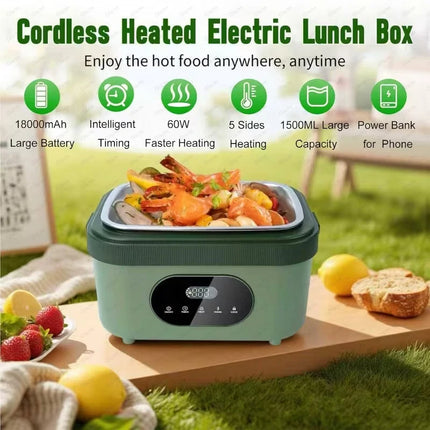 Gison 1.5L Portable Wireless Heated Lunch Box 18000mah Electric Heated Lunch box LED Display 60W Food Warmer for Work Travel Car