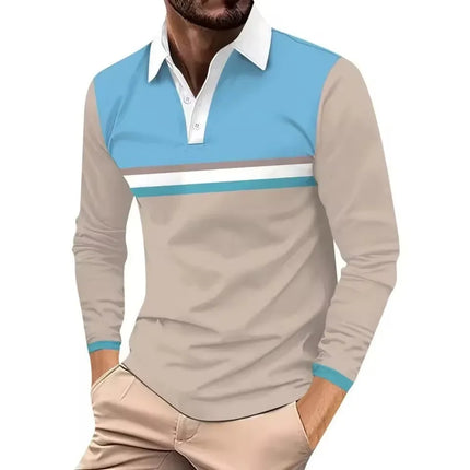 3D Printed Polo Shirt with Contrasting Colors, Simple and Fashionable Collar, Men's Top, Street Sports Long Sleeved Shirt