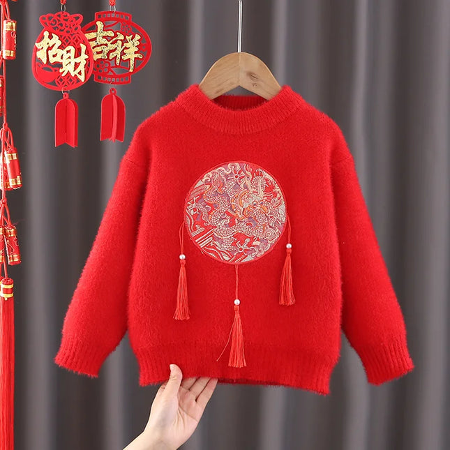 Red Chinese Dragon Sweater for Girls Traditional Tassel Design Fluffy Flocking Knitted Clothes New Warm Little Girl Tops GY12161