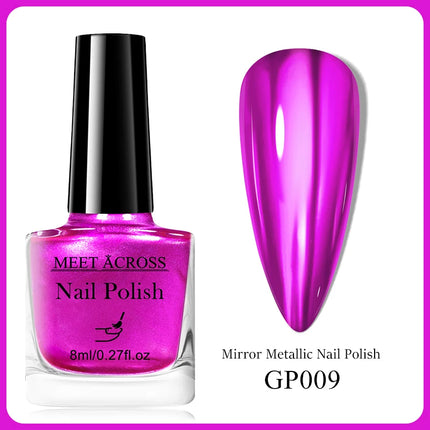 MEET ACROSS 8ml Glass Bottle Metallic Nail Polish Super Silver Gold Mirror Effect Nail Art Polish DIY Manicure Without Lamp