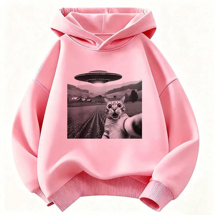 Funny Casual Ufo Cat Children's Sweatshirt Cute Harajuku Hoody for Boys Girls Autumn Spring Casual Hoodies