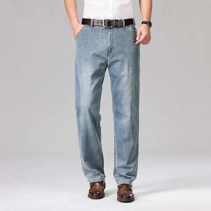 2026 Summer Brand Men's Cotton Lightweight Straight Leg Loose Jeans Classic Pocket Business Casual Mid High Waist Office Pants