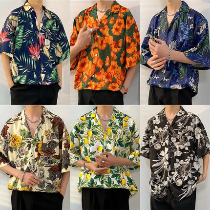 New Summer Casual Short Sleeved Shirt Korean Version Fashionable Men's and Women's Loose Collar Hawaiian Seaside Flower Shirt