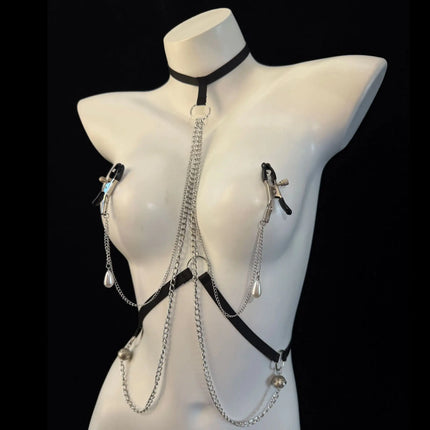 Women's Nipple Clamps Body Chain with Tassel Bells and Pearl Chain Body Restraint SM Fetish Toy Couples Flirtation Adult Toy