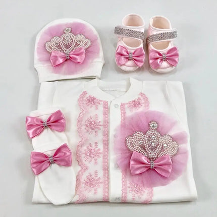 Dollbling Royal Bling Jewelry Crown Gift Clothing Sets Welcome Home Baby Rompers Mittens Bonnet Pajamas Outfit 4pcs Layette