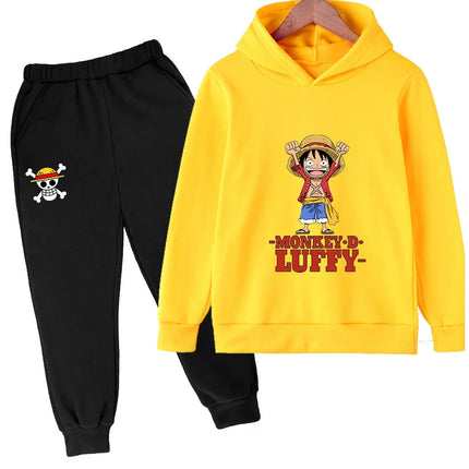 Boys Hoodie and Sweatpants Set for 3-12 Years Japanese Anime One Piece Luffy Zoro Kids Girls Casual Hooded Sweatshirt Tops