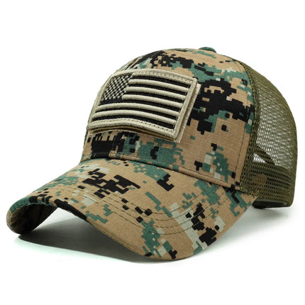 Men's Outdoor Trucker Cap with Embroidered Flag Camouflage Patch & Velcro Fastener