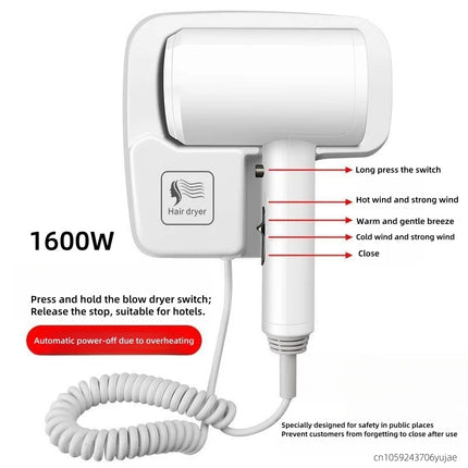 Five Star Hotel Specific Wall Mounted Non Perforated High Wind Speed Drying Household Bathroom Hair Dryer