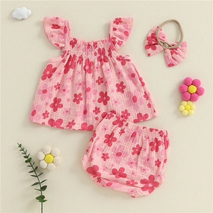3pcs Summer Toddler Infant Baby Girl Casual Outfit Set Fly Sleeve Floral Print Tank Tops + PP Shorts Headband Baby Clothes