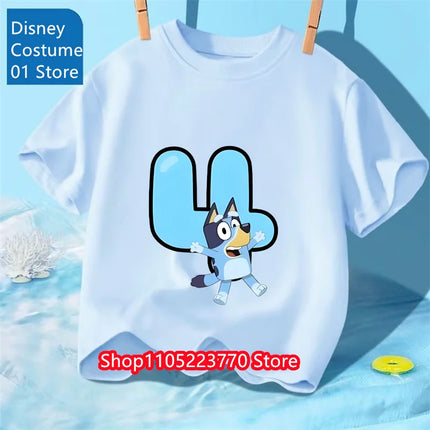 Kids Bluey 2-4 Birthday Number T-Shirt Autumn Winter Cartoon Printed Short Sleeve Tee for Boys Girls