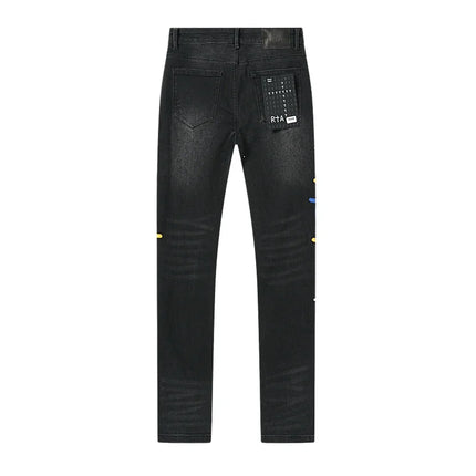 2025 New Destroyed Scratch Hole Men's High Street Slim Fit Skinny Light black embroidery Denim Jeans Pants