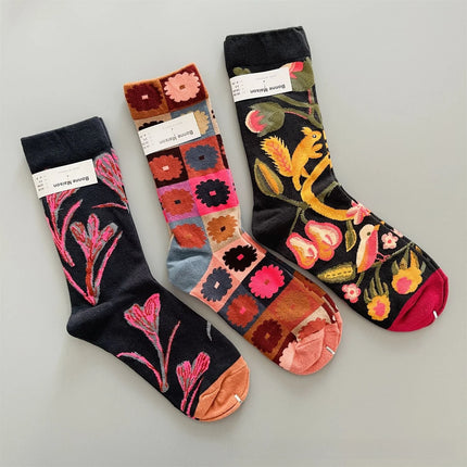 Bonne Maison French Small Batch Women's Fun Oil Painting Style Mid-Calf Cotton Dopaamine Colorful Socks Moisture Wicking Sweat