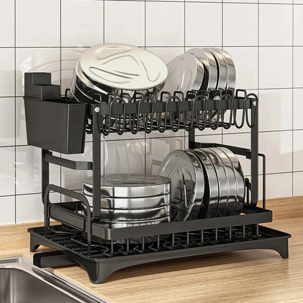 2 Tier Dish Drying Rack Kitchen Countertop Bowl Drainer Storage Organizer with Chopsticks Knife Fork Cup Holder Drain Shelf