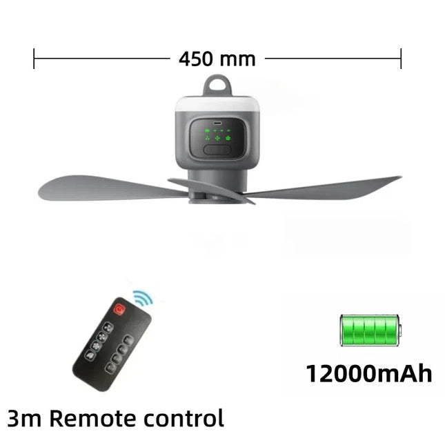 New Remote Control Mini Ceiling Fan, USB Wireless Cooling Fan, 12000mAh Portable LED Night Light Camping Fan with USB