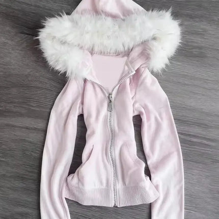 Winter Retro Pink Fur Hoodie Women's Y2K Harajuku Artificial Fur Collar Jacket Fashion Slimming Belt Hot Girl Sportswear