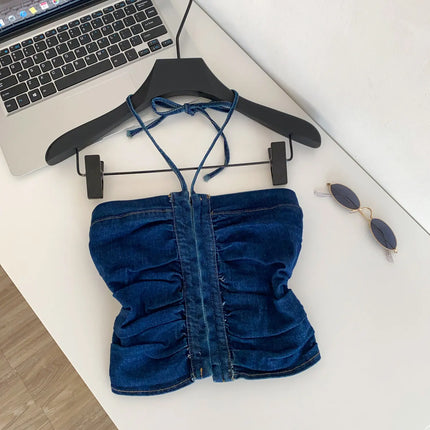 SINGREINY Beach Denim Tank Top 2026 Halter Ruched Slim Solid Camisole Streetwear Hot Girl Basics Y2K Backless Sexy Crop Top