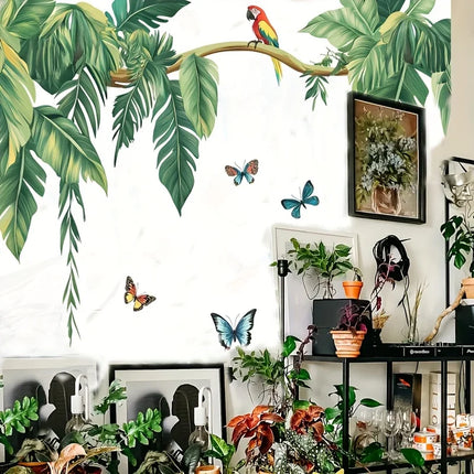 Tropical Parrot Butterfly Palm Tree Wall Stickers  Green Plant Jungle Nature Wall Decals Bedroom Bathroom Kitchen Home Decor