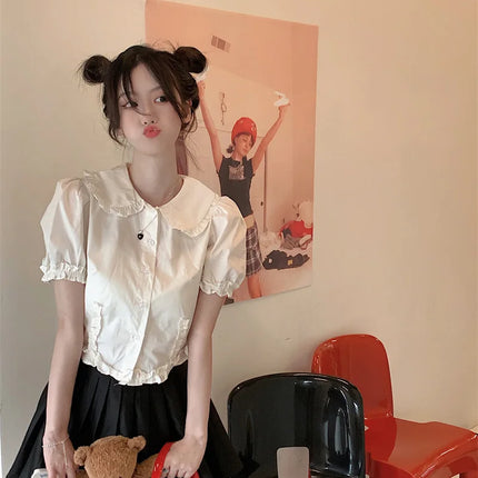 White Doll Collar Bubble Sleeve Shirt Women's Summer 2025 New Design Sweet Short Style Top Polyester Fabric Pure Color Fresh...