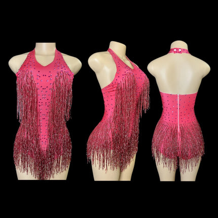 Sparkly Rhinestones Fringe Bodysuit Women Nightclub Party Dance Costume Stage Wear Sexy Tassel Leotard Performance Clothing 7G