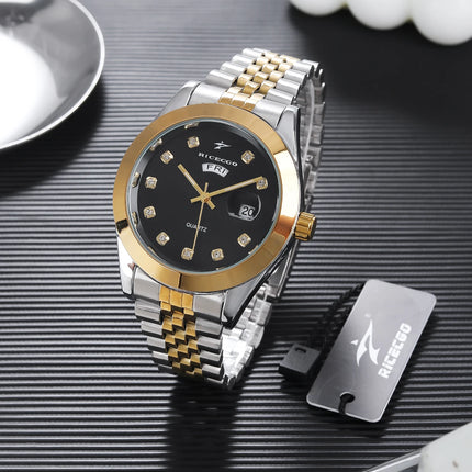 Men's quartz wristwatch with color blocked metal strap, diamond inlaid dial, dual calendar display design, light luxury texture,