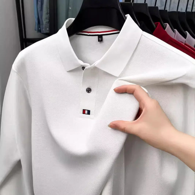 Men's turn-down collar T-shirt, long-sleeved, autumn business style, 100% cotton, casual Polo shirt, men's top, Polo shirt