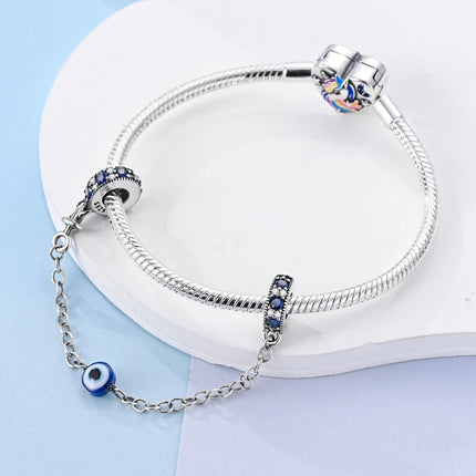 Sparkling Clear Silver Safety Chain 925 Sterling Silver Safety Chain Charm Beads Fit Original Bangle Bracelet DIY Jewelry
