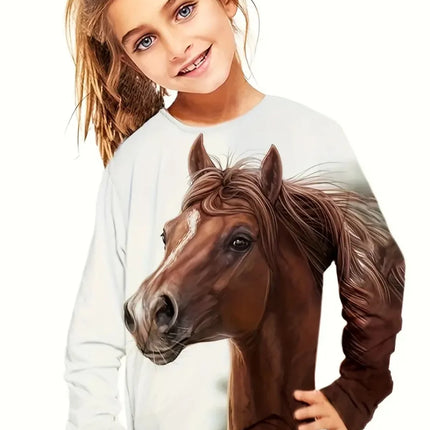 Girl Clothes Fashion Horse 3D Print Kids Long Sleeves T-Shirt Loose Casual Autumn Tops Outdoor Comfortable Children's Clothing