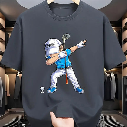 Men's Summer 100% Cotton Fashion Sports Casual Loose Golf Player Pattern Printed Round Neck Short Sleeve T-shirt Top